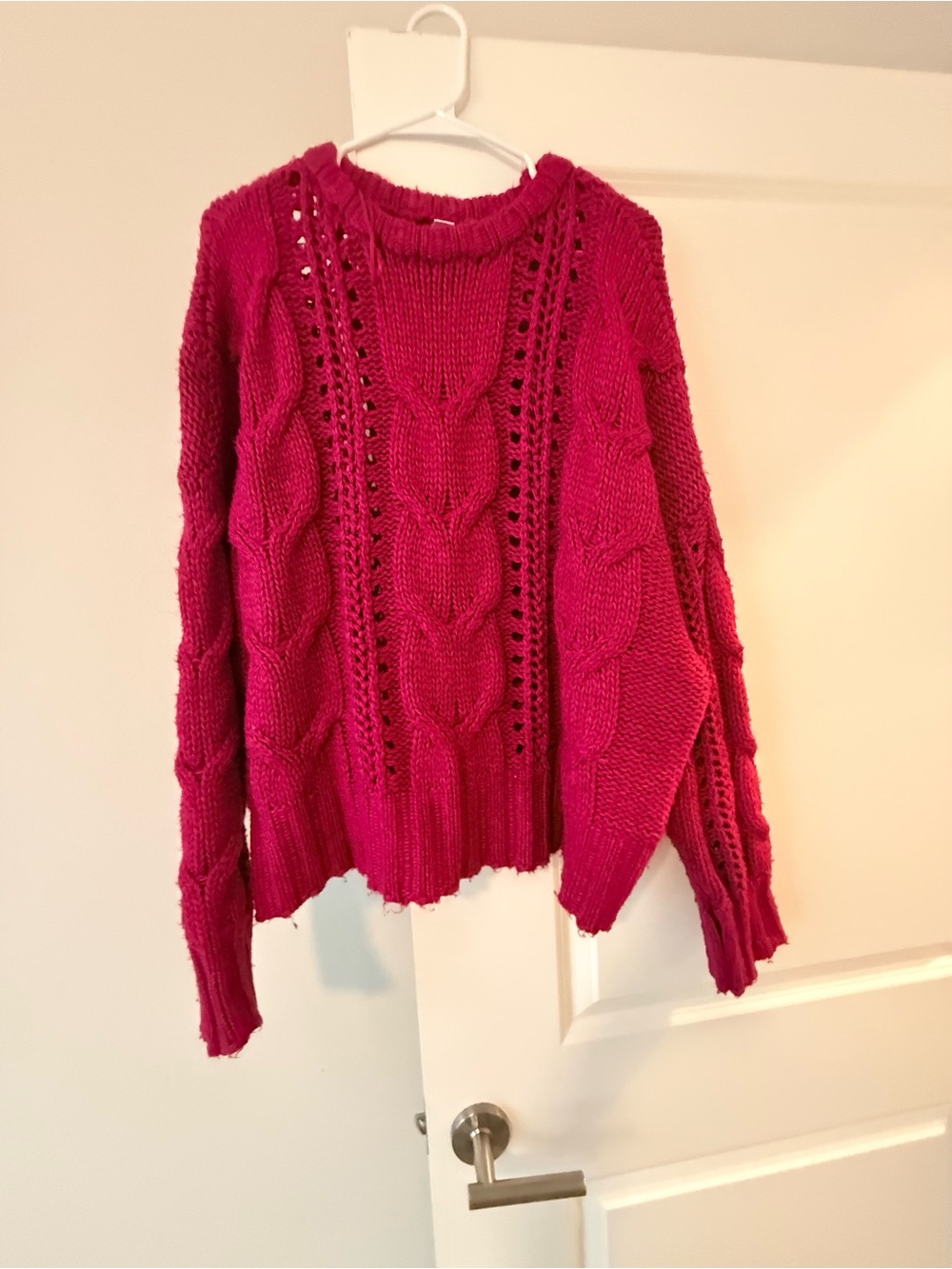 Arizona Jean Company Openwork Cable Crewneck Sweater - Fuchsia Pink